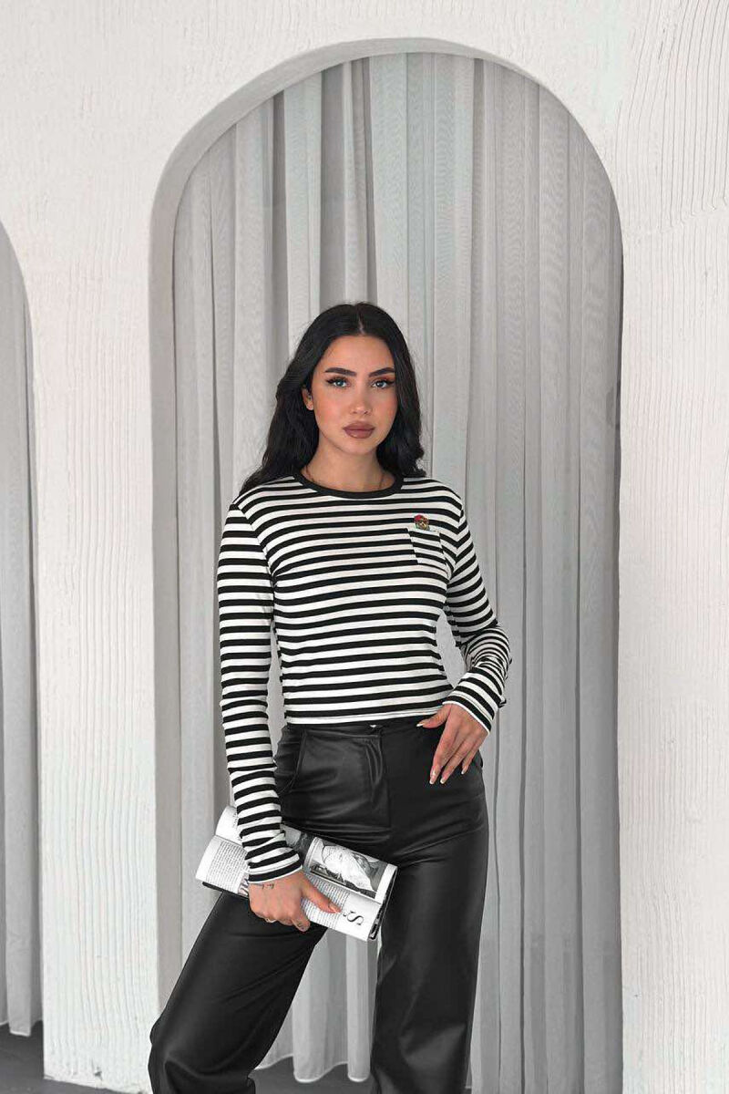 STRIPE SMALL POCKET DETAIL WOMEN SWEATSHIRT IN BLACK-WHITE COLOR - 2