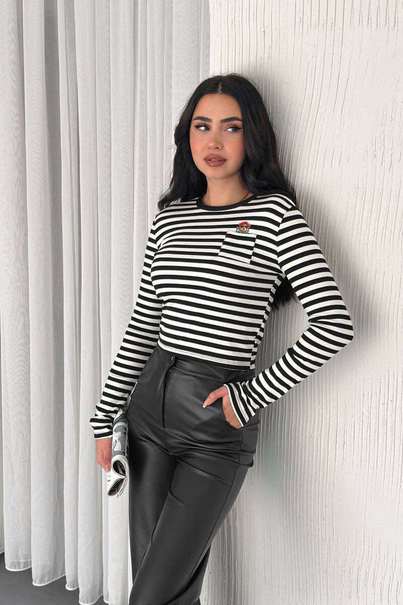 STRIPE SMALL POCKET DETAIL WOMEN SWEATSHIRT IN BLACK-WHITE COLOR - 4