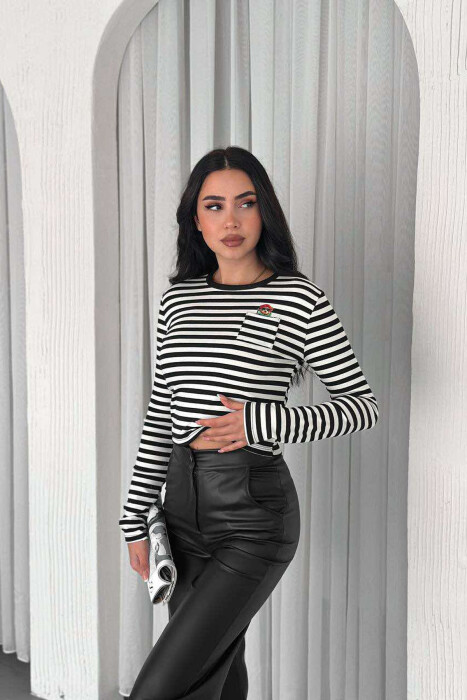 STRIPE SMALL POCKET DETAIL WOMEN SWEATSHIRT IN BLACK-WHITE COLOR - 6