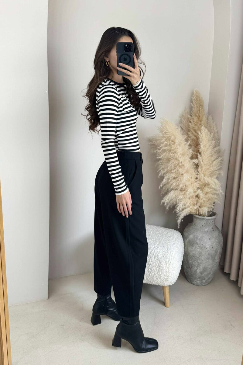 STRIPE SMALL POCKET DETAIL WOMEN SWEATSHIRT BLACK-WHITE/ZB - 2
