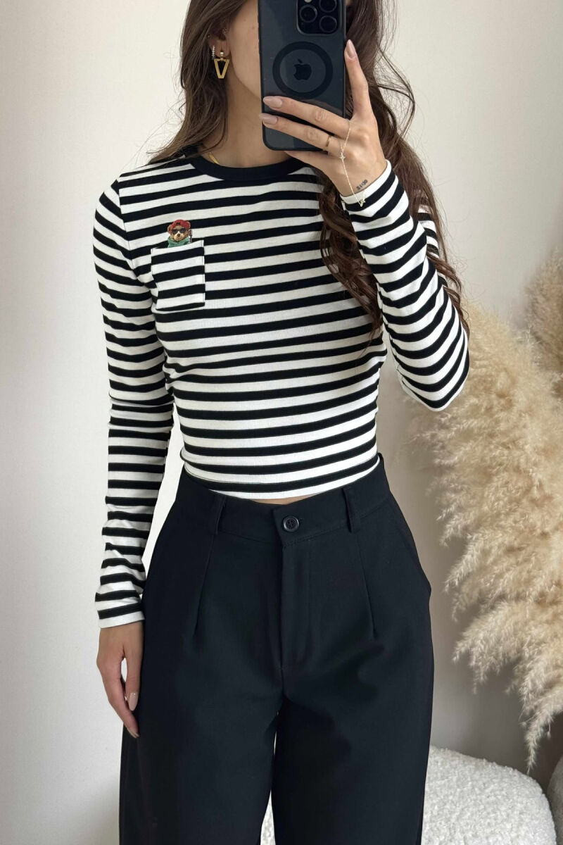 STRIPE SMALL POCKET DETAIL WOMEN SWEATSHIRT BLACK-WHITE/ZB - 3