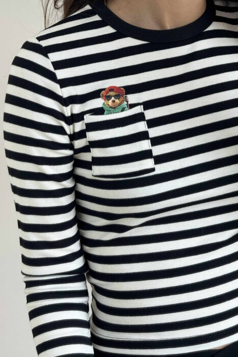 STRIPE SMALL POCKET DETAIL WOMEN SWEATSHIRT BLACK-WHITE/ZB - 4