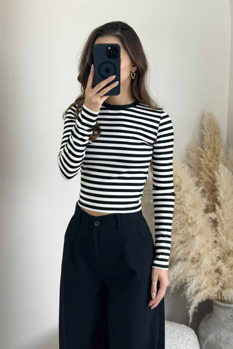 STRIPE SMALL POCKET DETAIL WOMEN SWEATSHIRT BLACK-WHITE/ZB - 5
