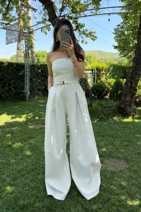 STRIPED BELT DETAIL STRAPLESS WOMEN JUMPSUIT BEIGE/BEZHE - KLAUDIO FASHION