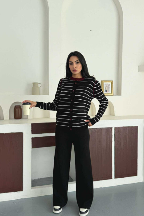 STRIPED CARDIGAN+TROUSERS SIMPLE WOMEN SET BLACK-BURGUNDY/ZEVI - 4