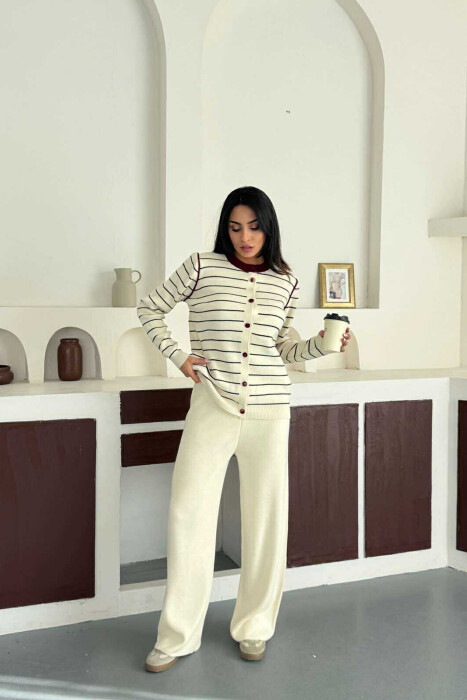 STRIPED CARDIGAN+TROUSERS SIMPLE WOMEN SET CREAM-BURGUNDY/KRVI 