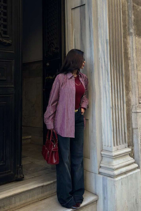 STRIPED DESIGN DETAIL WOMEN SHIRT BURGUNDY/VISHNJE - 3