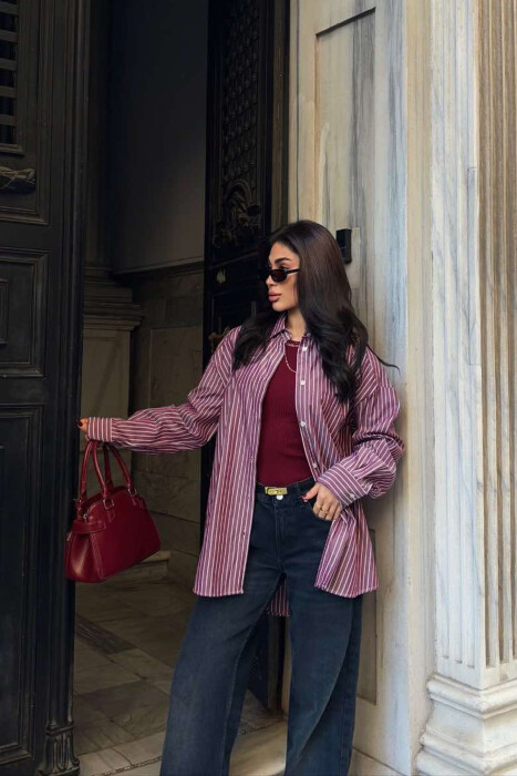 STRIPED DESIGN DETAIL WOMEN SHIRT BURGUNDY/VISHNJE - 6