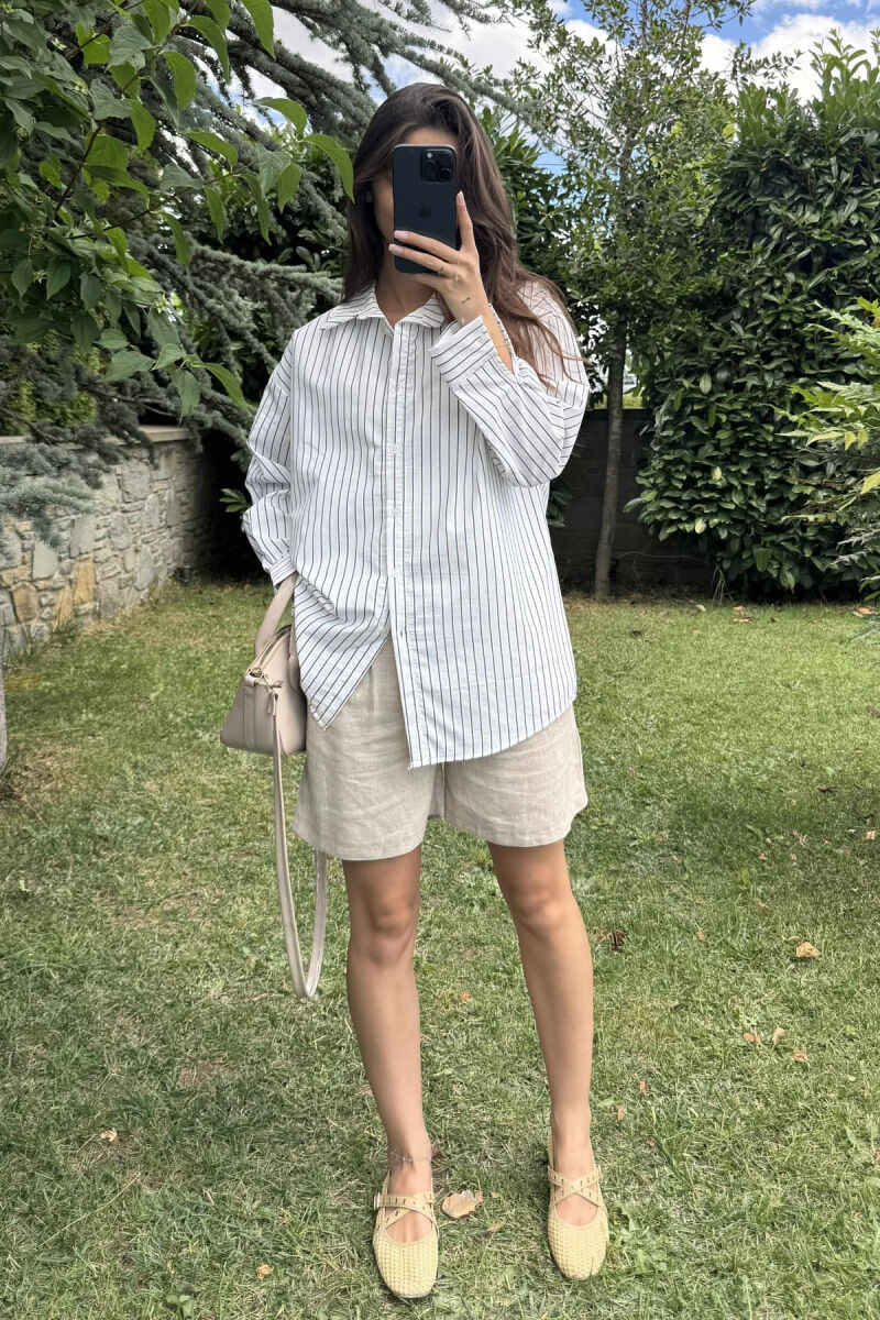 STRIPED DESIGN LONG SLEEVE WOMEN SHIRT WHITE-BLACK/BAZE - 1
