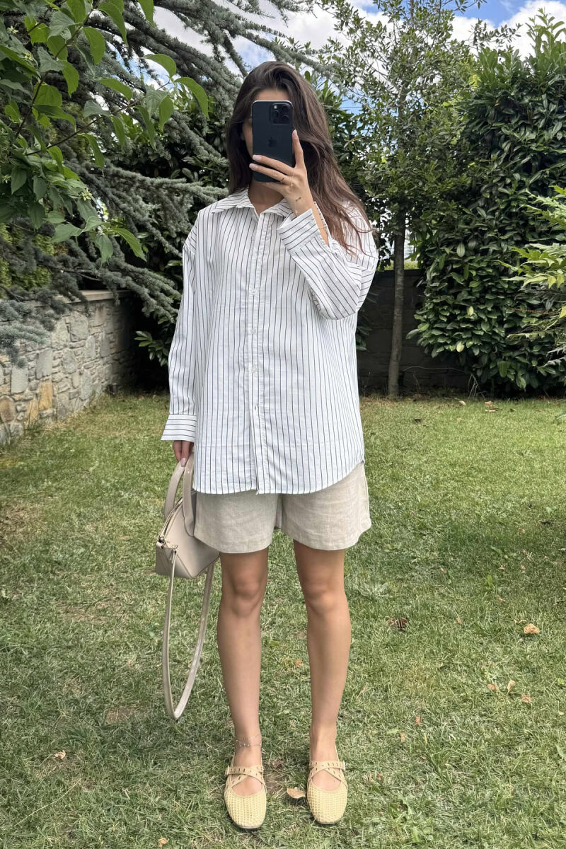 STRIPED DESIGN LONG SLEEVE WOMEN SHIRT WHITE-BLACK/BAZE - 2