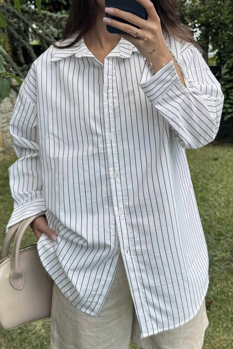 STRIPED DESIGN LONG SLEEVE WOMEN SHIRT WHITE-BLACK/BAZE - 3