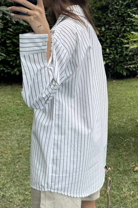 STRIPED DESIGN LONG SLEEVE WOMEN SHIRT WHITE-BLACK/BAZE - 4