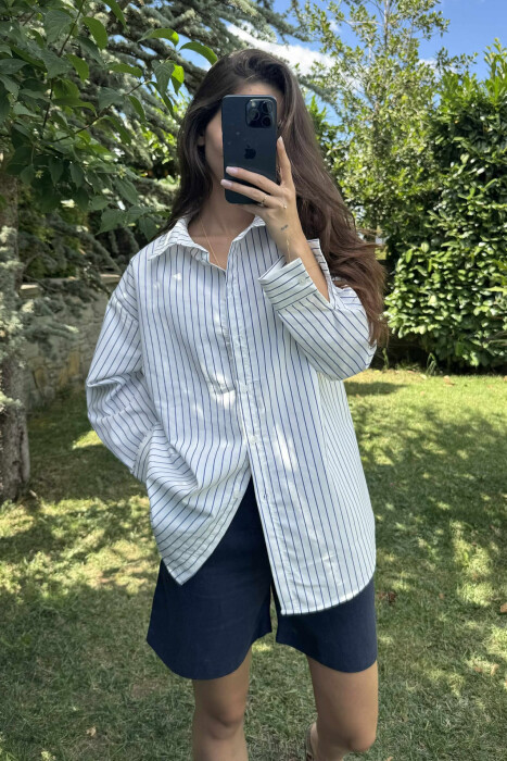 STRIPED DESIGN LONG SLEEVE WOMEN SHIRT WHITE-BLUE/BABL 