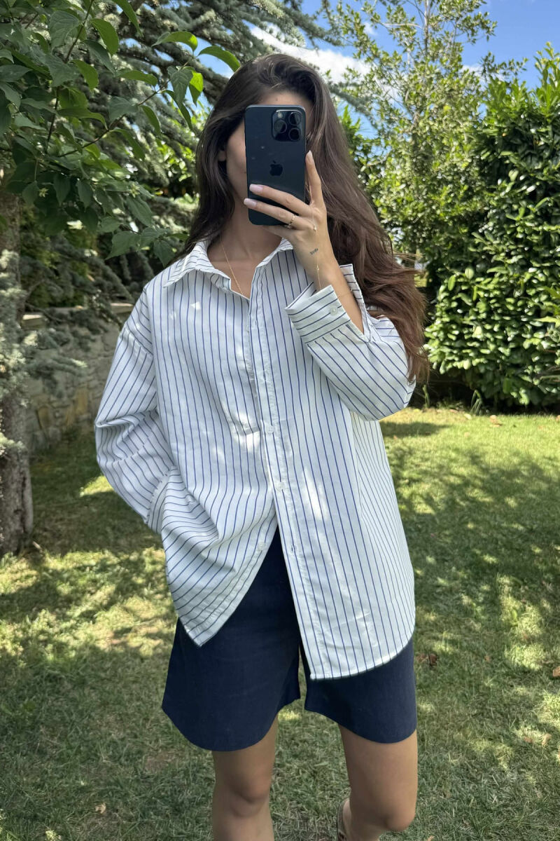 STRIPED DESIGN LONG SLEEVE WOMEN SHIRT WHITE-BLUE/BABL - 1