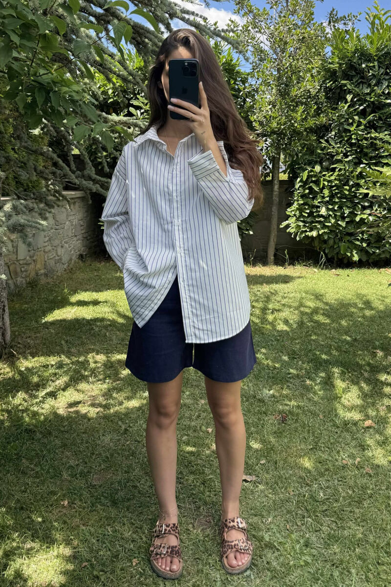 STRIPED DESIGN LONG SLEEVE WOMEN SHIRT WHITE-BLUE/BABL - 2