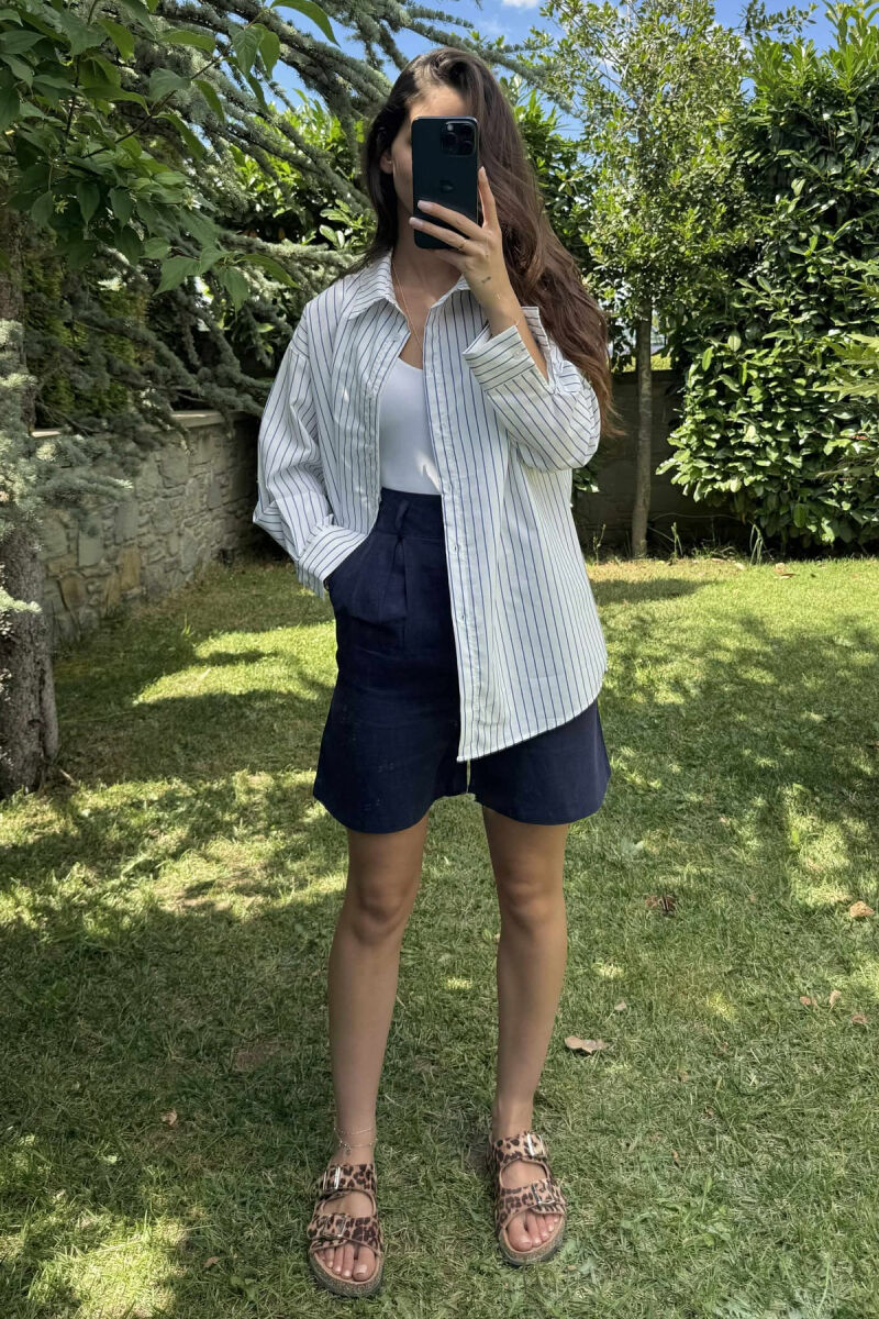 STRIPED DESIGN LONG SLEEVE WOMEN SHIRT WHITE-BLUE/BABL - 3