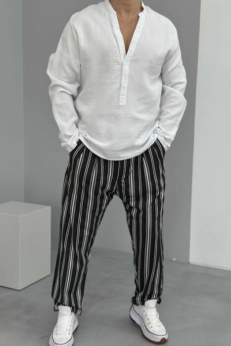STRIPED DESIGN MEN PANTS WHITE-BLACK/BAZE 
