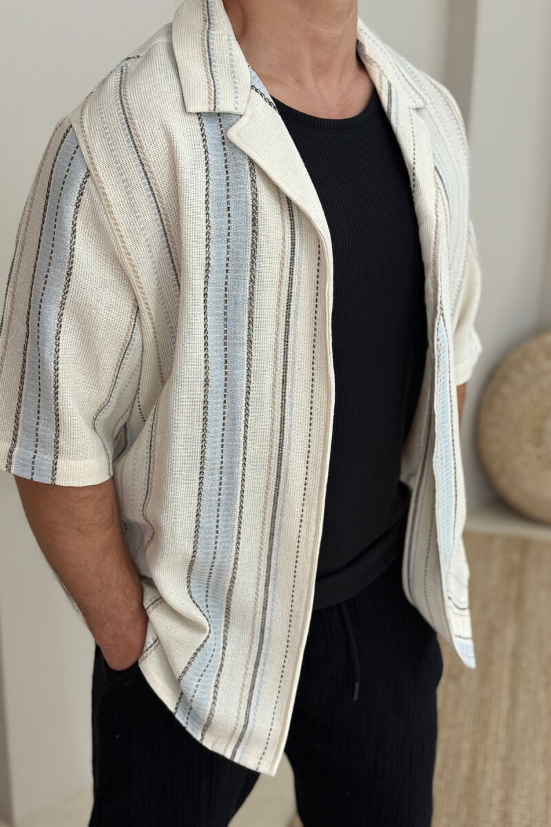 STRIPED DESIGN MEN SHIRT CREAM-LIGHTBLUE/KRBZ - 2