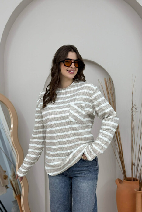 STRIPED DESIGN POCKET DETAIL WOMEN SWEATER BEIGE/BEZHE - 1
