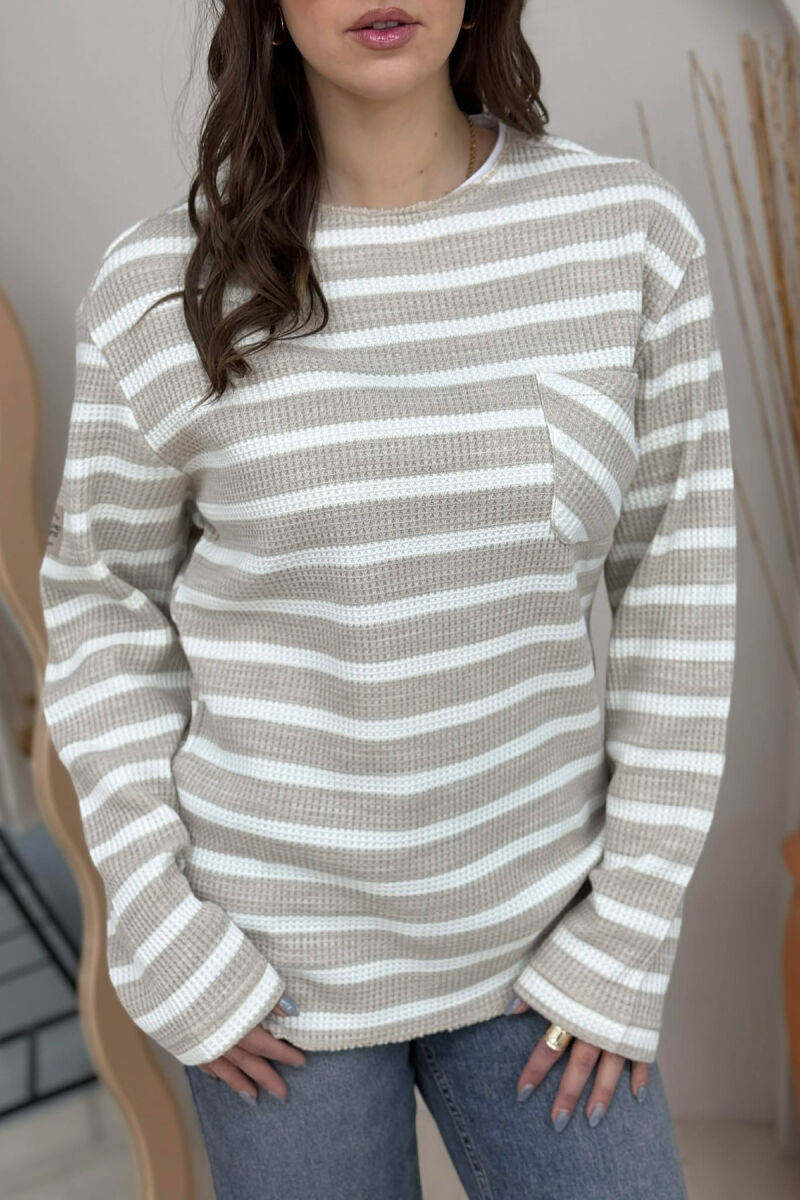 STRIPED DESIGN POCKET DETAIL WOMEN SWEATER BEIGE/BEZHE - 2