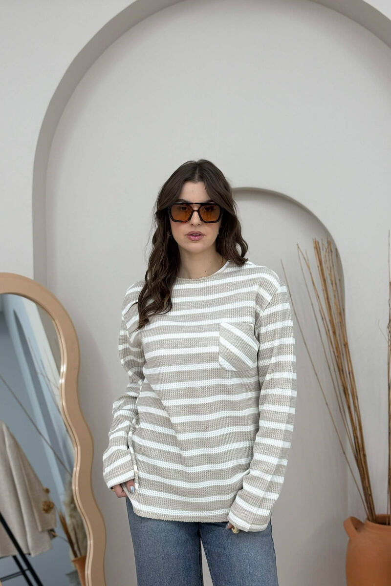 STRIPED DESIGN POCKET DETAIL WOMEN SWEATER BEIGE/BEZHE - 3