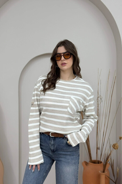 STRIPED DESIGN POCKET DETAIL WOMEN SWEATER BEIGE/BEZHE - 4