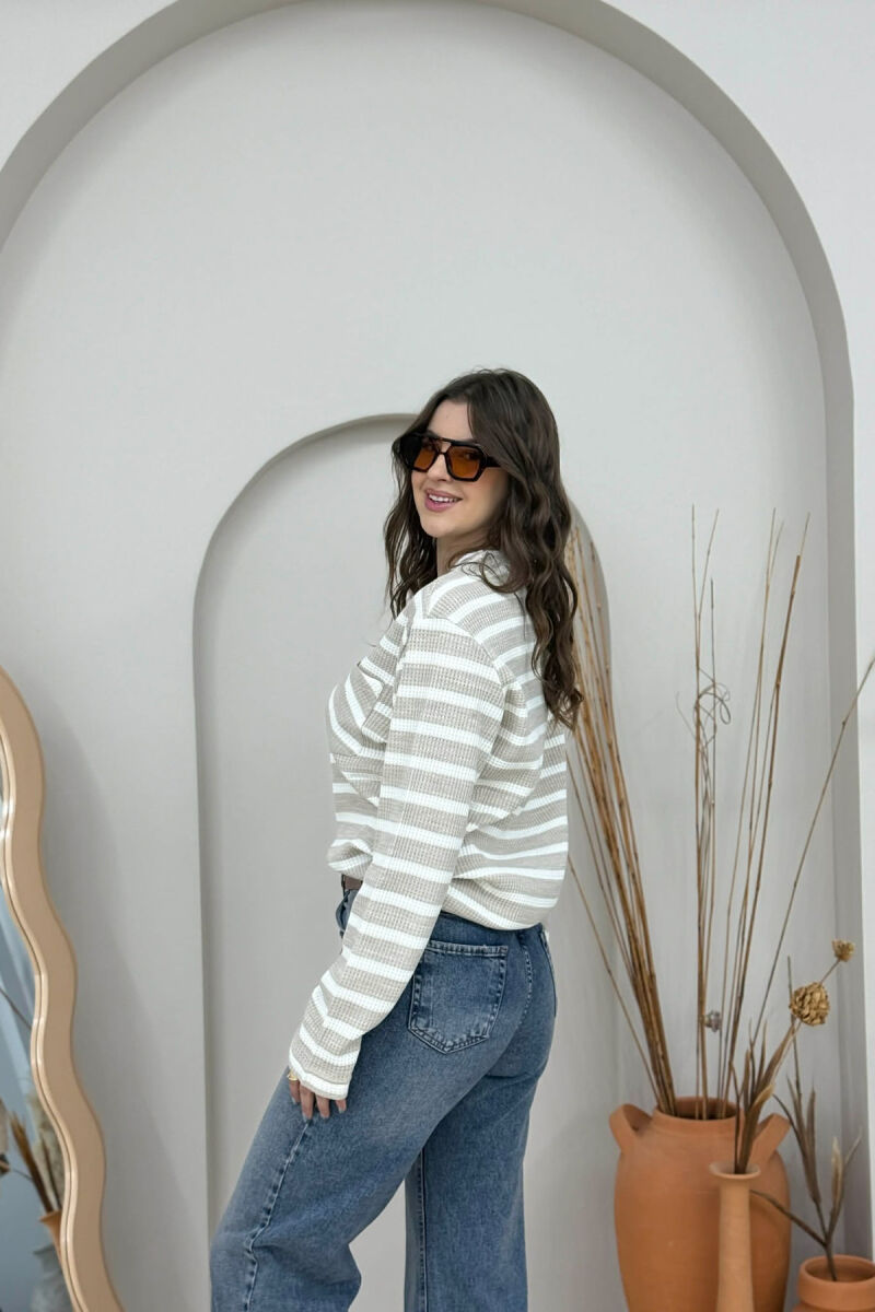 STRIPED DESIGN POCKET DETAIL WOMEN SWEATER BEIGE/BEZHE - 5