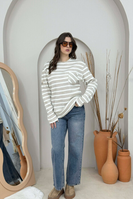 STRIPED DESIGN POCKET DETAIL WOMEN SWEATER BEIGE/BEZHE - 6