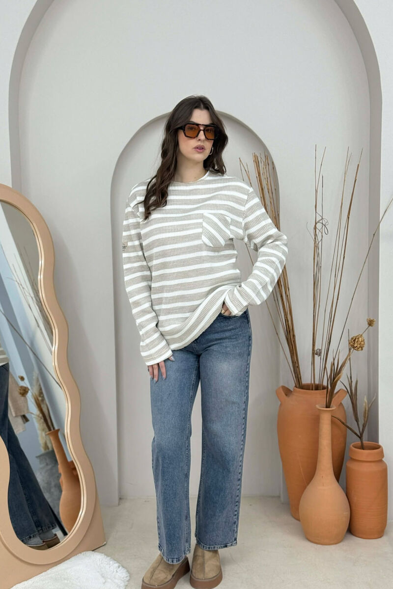 STRIPED DESIGN POCKET DETAIL WOMEN SWEATER BEIGE/BEZHE - 6