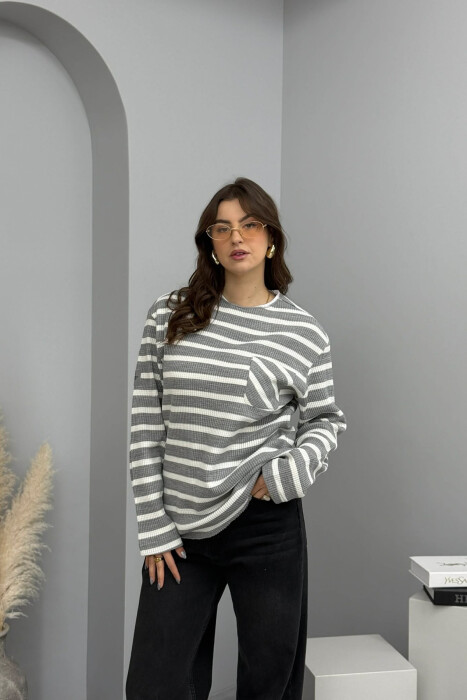 STRIPED DESIGN POCKET DETAIL WOMEN SWEATER GREY/GRI 