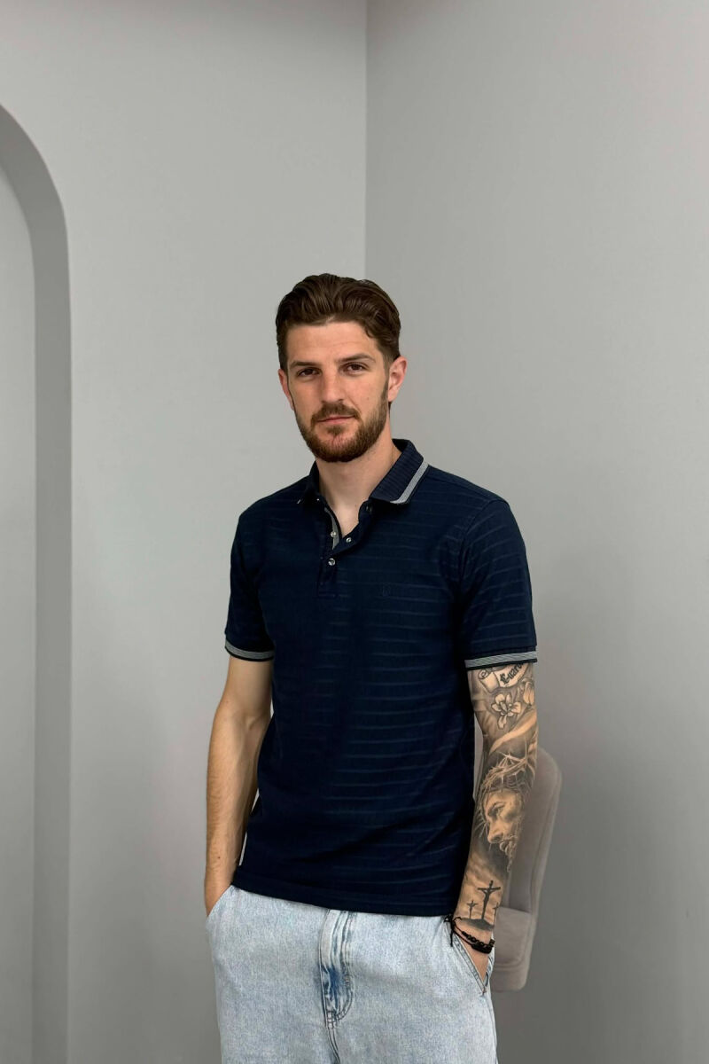 STRIPED DESIGN POLO NECK MEN T-SHIRT BLUE/BLU - 1