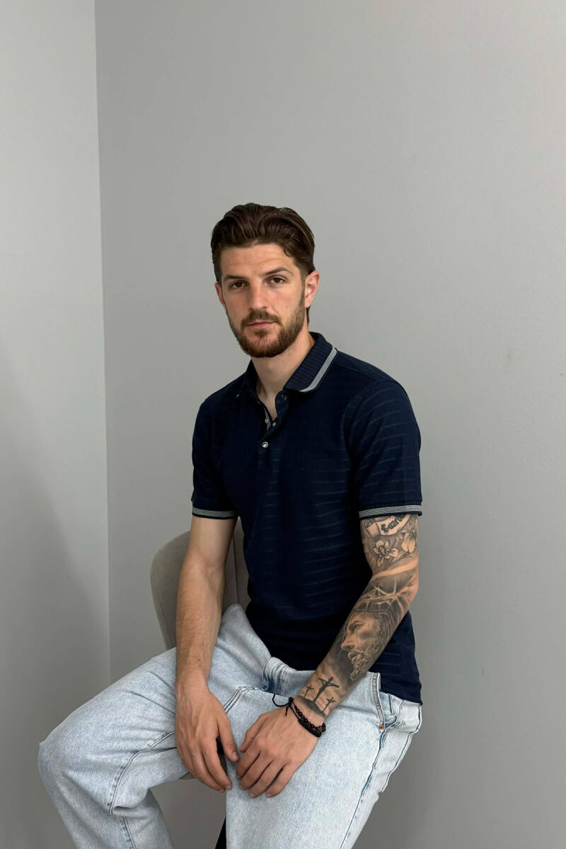 STRIPED DESIGN POLO NECK MEN T-SHIRT BLUE/BLU - 3