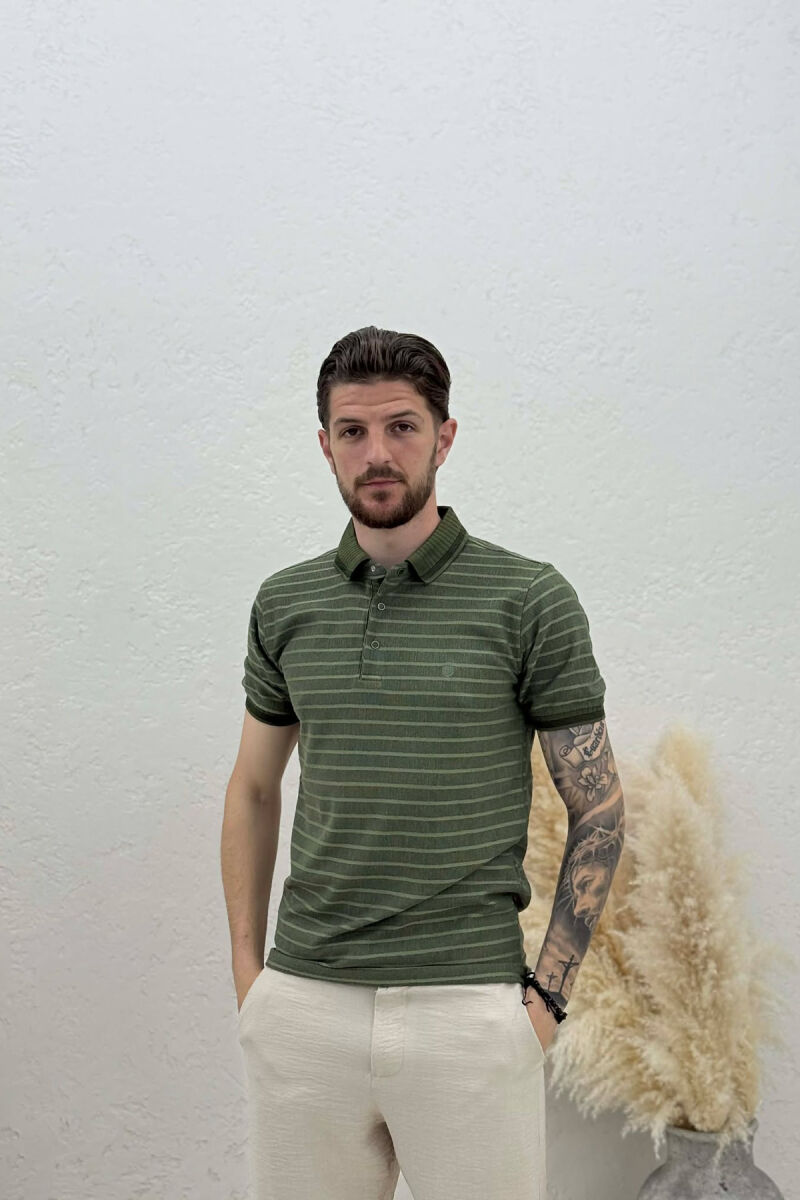 STRIPED DESIGN POLO NECK MEN T-SHIRT GREEN/JESHILE - 1