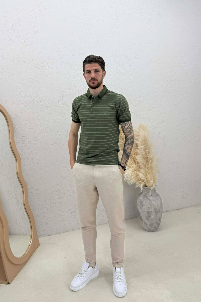STRIPED DESIGN POLO NECK MEN T-SHIRT GREEN/JESHILE - 3