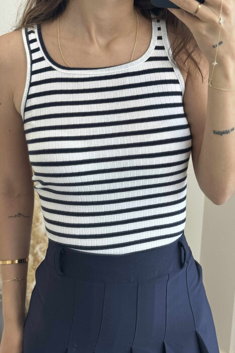 STRIPED DESIGN SIMPLE WOMEN TANK TOP WHITE-BLACK/BAZE - 4