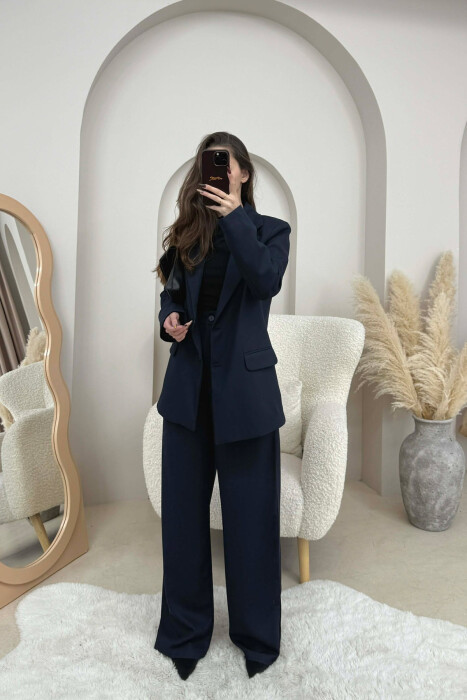 STRIPED JACKET+TROUSERS SIMPLE WOMEN SET DARK BLUE/BEE - KLAUDIO FASHION