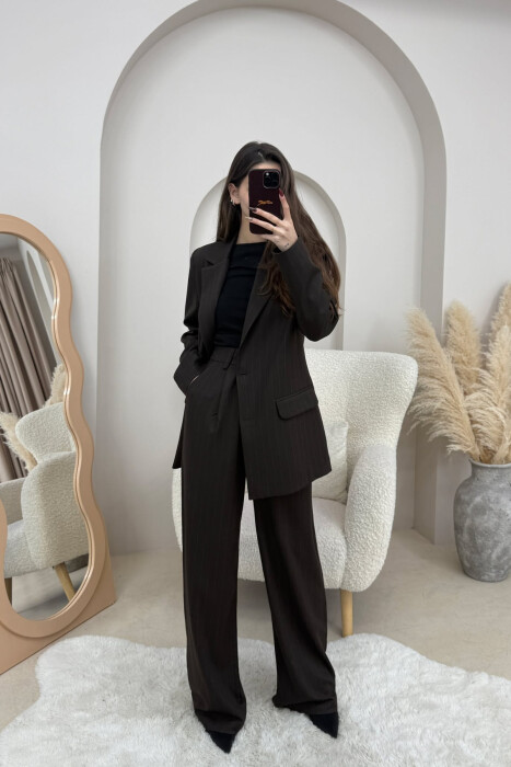 STRIPED JACKET+TROUSERS SIMPLE WOMEN SET DARK BROWN/KAE - 2
