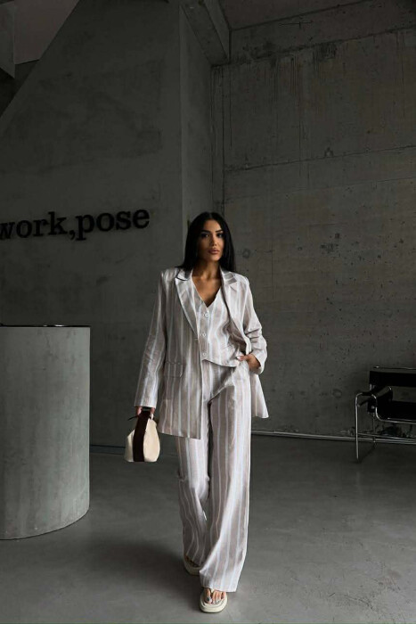 STRIPED JACKET+VEST+TROUSERS 3 PIECE WOMEN SET LIGHT BEIGE/BZHZB - KLAUDIO FASHION