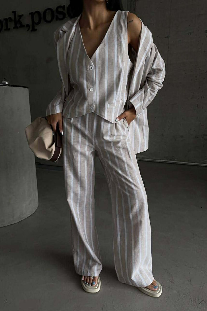 STRIPED JACKET+VEST+TROUSERS 3 PIECE WOMEN SET LIGHT BEIGE/BZHZB - 3