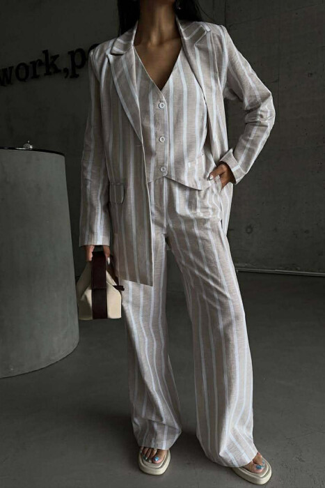 STRIPED JACKET+VEST+TROUSERS 3 PIECE WOMEN SET LIGHT BEIGE/BZHZB - 5