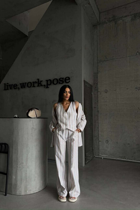 STRIPED JACKET+VEST+TROUSERS 3 PIECE WOMEN SET LIGHT BEIGE/BZHZB - 7