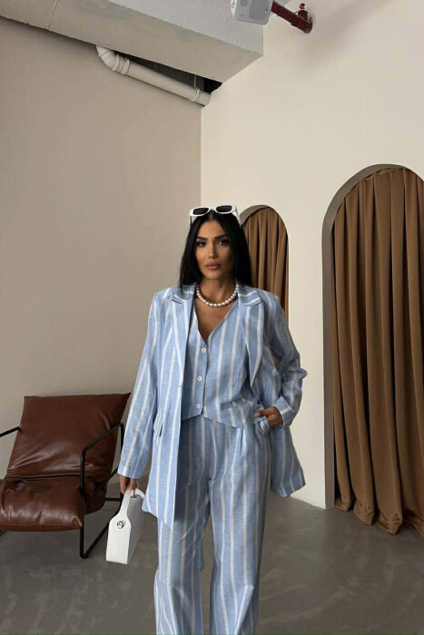 STRIPED JACKET+VEST+TROUSERS 3 PIECE WOMEN SET LIGHTBLUE/BZ - 2