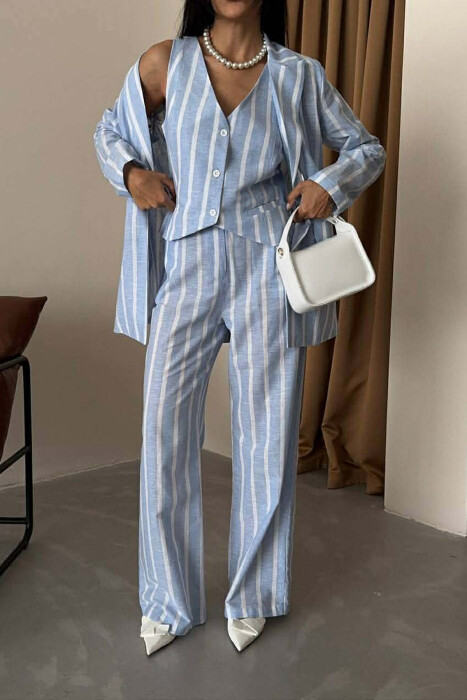 STRIPED JACKET+VEST+TROUSERS 3 PIECE WOMEN SET LIGHTBLUE/BZ - 5