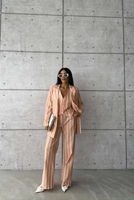 STRIPED JACKET+VEST+TROUSERS 3 PIECE WOMEN SET ORANGE/PORTOKALLI 