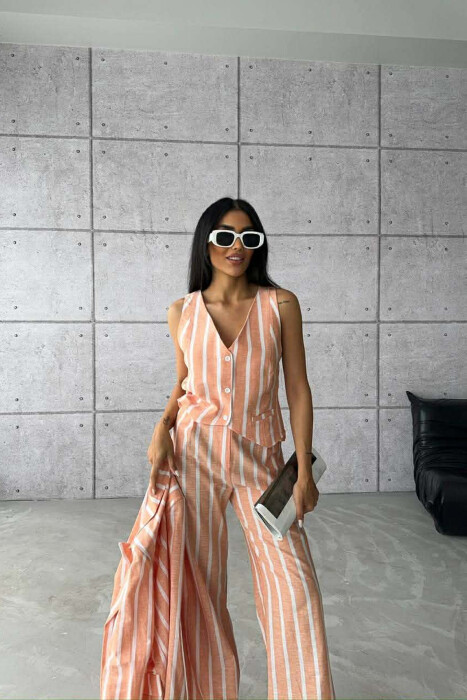 STRIPED JACKET+VEST+TROUSERS 3 PIECE WOMEN SET ORANGE/PORTOKALLI - 5