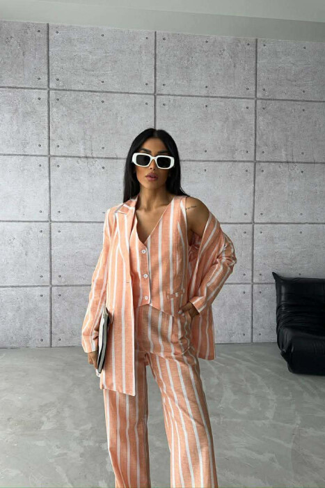 STRIPED JACKET+VEST+TROUSERS 3 PIECE WOMEN SET ORANGE/PORTOKALLI - 7
