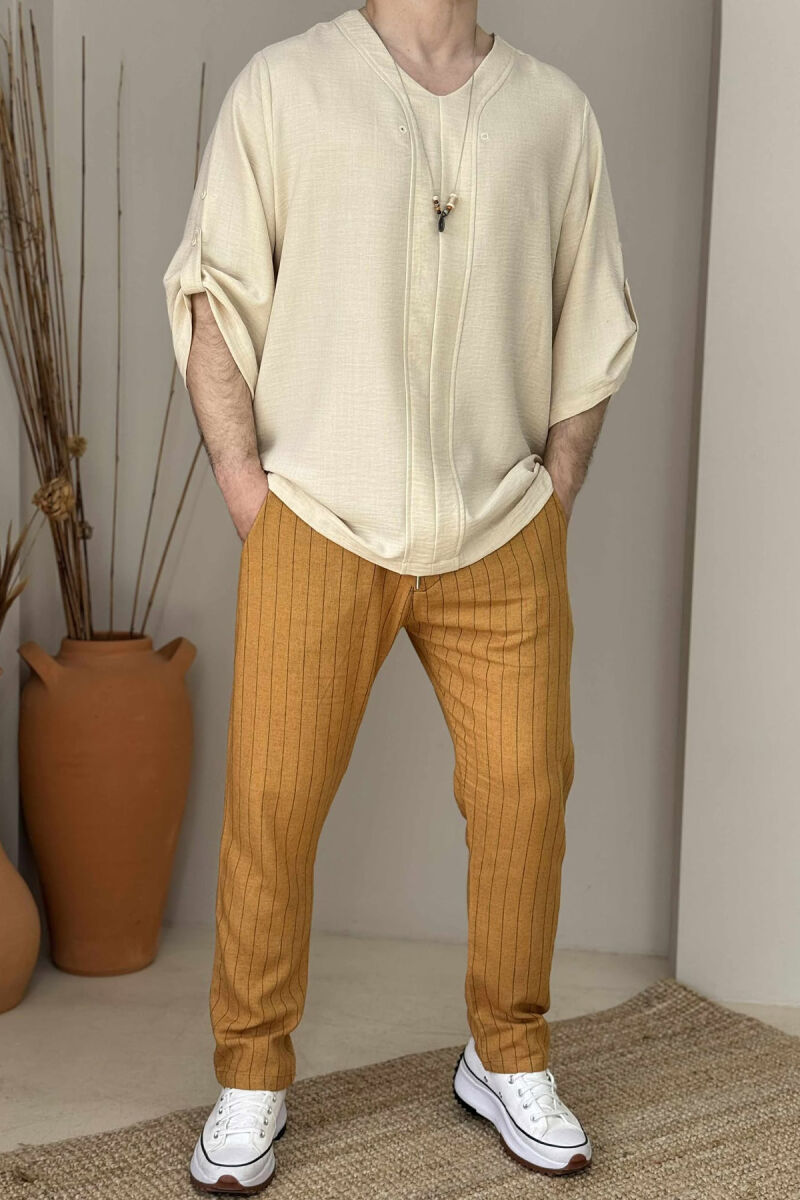STRIPED LACING DETAIL MEN PANTS MUSTARD/MUSTARDE - 1