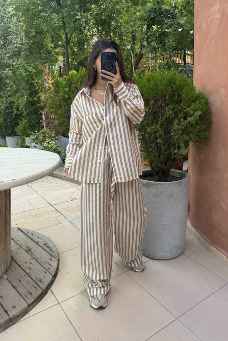 STRIPED LONG SLEEVE SHIRT+TROUSERS WOMEN SET BEIGE/BEZHE - 2