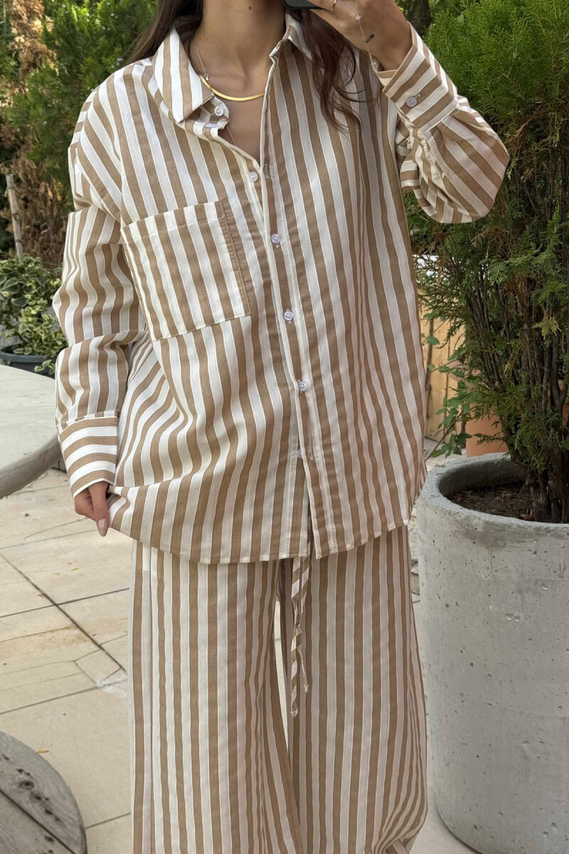 STRIPED LONG SLEEVE SHIRT+TROUSERS WOMEN SET BEIGE/BEZHE - 3