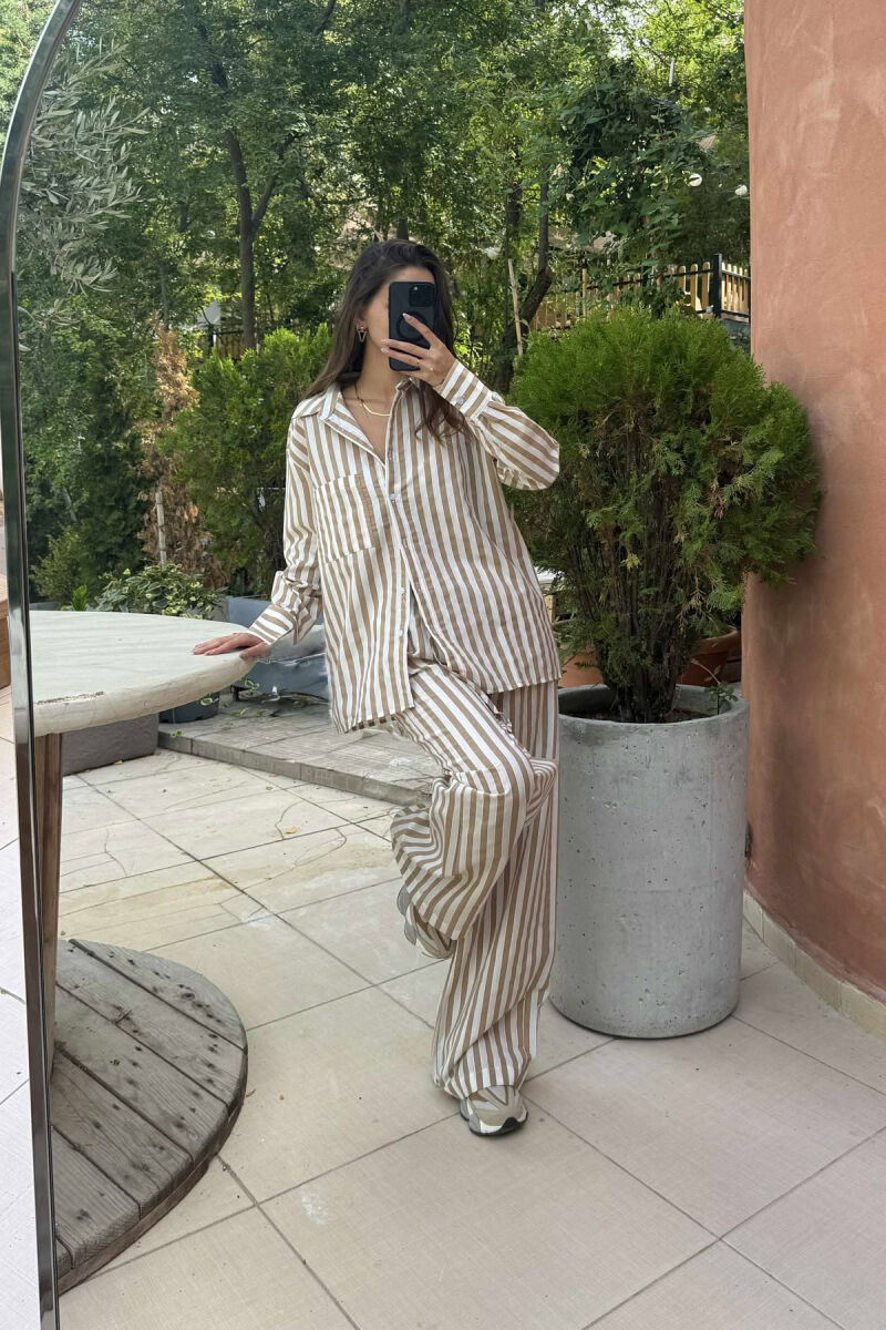 STRIPED LONG SLEEVE SHIRT+TROUSERS WOMEN SET BEIGE/BEZHE - 4